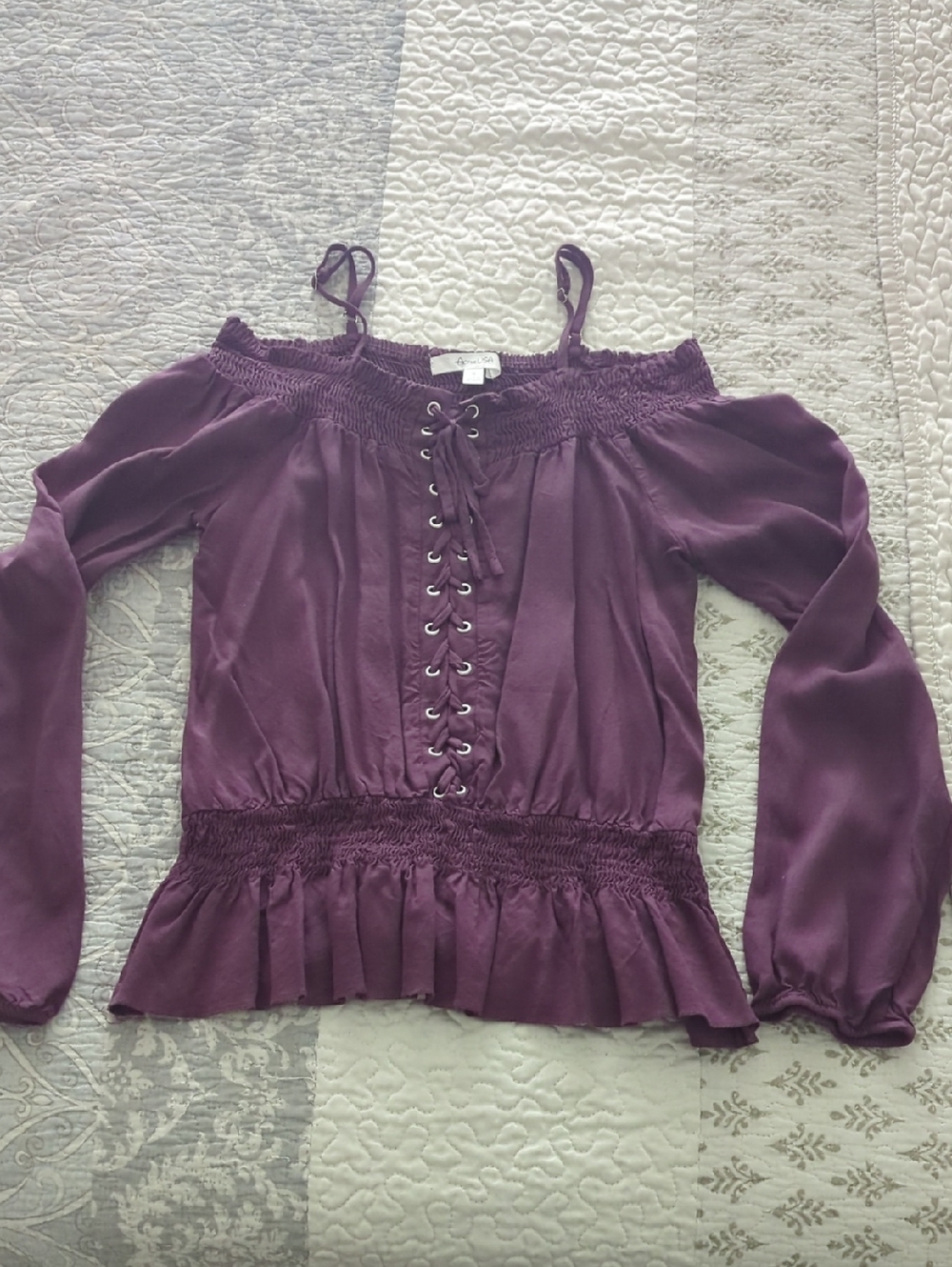 Active USA Plum Off-Shoulder Lace-Up Long Sleeve Top